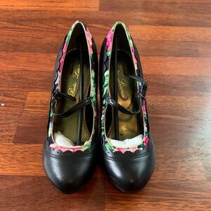 Mary Jane Black and Floral Block Heels